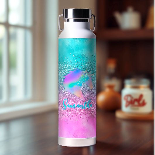 Chic Aqua Pink Unicorn Glitzer Glasmonogramm Trinkflasche