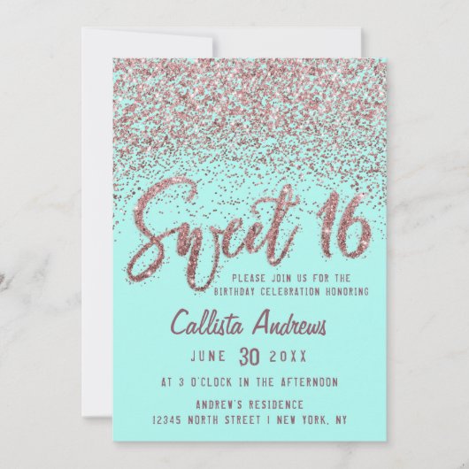 Chic Aqua Rose Gold Scattered Glitzer Sweet 16 Einladung (Vorderseite)