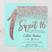 Chic Aqua Rose Gold Scattered Glitzer Sweet 16 Einladung (Vorne/Hinten)