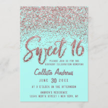 Chic Aqua Rose Gold Scattered Glitzer Sweet 16