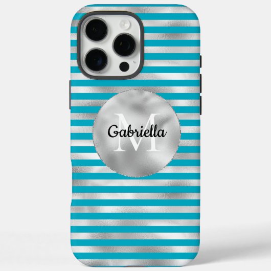 Chic Aqua Silver Stripes Monogramm Case-Mate iPhone Hülle (Rückseite)