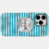 Chic Aqua Silver Stripes Monogramm Case-Mate iPhone Hülle (Rückseite (Horizontal))