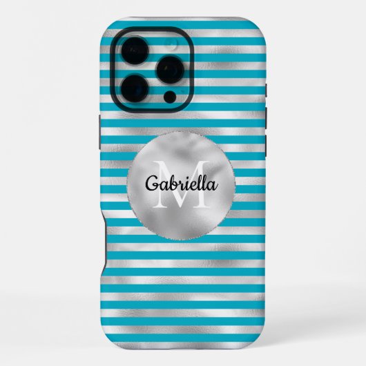 Chic Aqua Silver Stripes Monogramm iPhone Hülle (Rückseite)