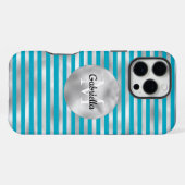 Chic Aqua Silver Stripes Monogramm iPhone Hülle (Rückseite (Horizontal))
