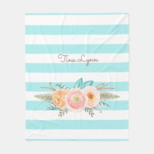 Chic Aqua Stripes Feminine Flora Name Fleecedecke (Vorderseite)
