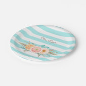 Chic Aqua Stripes Feminine Flora Name Pappteller (Schrägansicht)