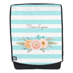 Chic Aqua Stripes Feminine Flora Name Rucksack
