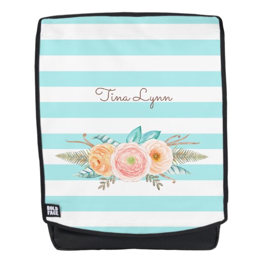 Chic Aqua Stripes Feminine Flora Name Rucksack (Vorderseite)