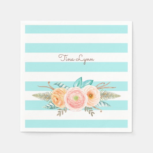 Chic Aqua Stripes Feminine Flora Name Serviette (Vorderseite)