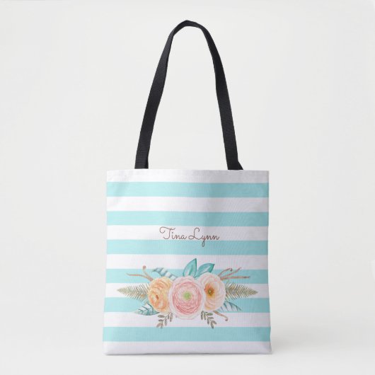 Chic Aqua Stripes Feminine Flora Name Tasche (Vorderseite)