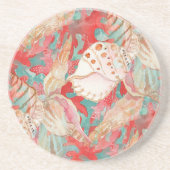 Chic Aqua Türkis Coral Red Seashells Muster Getränkeuntersetzer (Vorne)