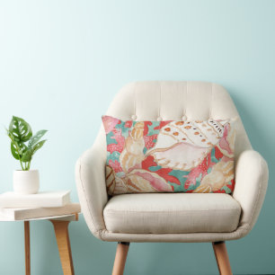 Chic Aqua Türkis Coral Red Seashells Muster Lendenkissen