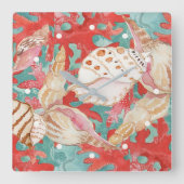 Chic Aqua Türkis Coral Red Seashells Muster Quadratische Wanduhr (Vorderseite)