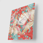 Chic Aqua Türkis Coral Red Seashells Muster Quadratische Wanduhr (Winkel)