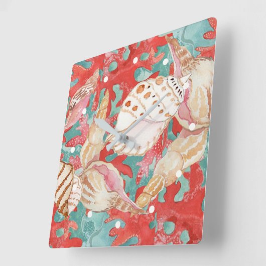 Chic Aqua Türkis Coral Red Seashells Muster Quadratische Wanduhr (Winkel)