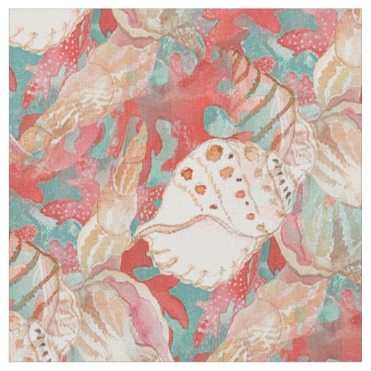 Chic Aqua Türkis Coral Red Seashells Muster Stoff (Nahaufnahme)