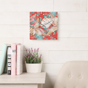 Chic Aqua Türkis Korallenrot-Muscheln Muster Quadratische Wanduhr