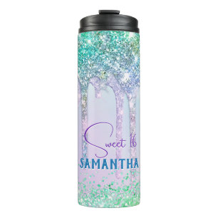 Chic aqua Unicorn Glitzer Geburtstagsmonogramm Thermosbecher