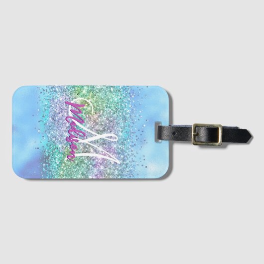Chic aqua Unicorn Glitzer Glitzern Monogramm Gepäckanhänger (Vorderseite (Horizontal))