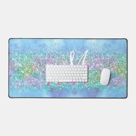 Chic aqua Unicorn Glitzer Glitzern Monogramm Schreibtischunterlage (Tastatur & Maus)