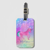 Chic aqua Unicorn Regenbogen-Tropfen Monogramm Gepäckanhänger (Vorderseite Vertikal)