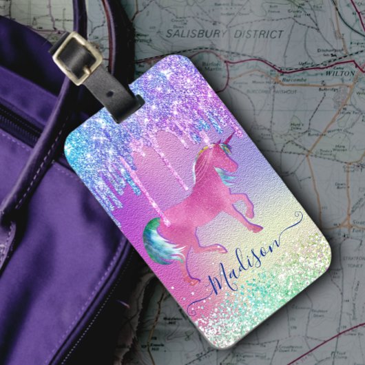 Chic aqua Unicorn Regenbogen-Tropfen Monogramm Gepäckanhänger