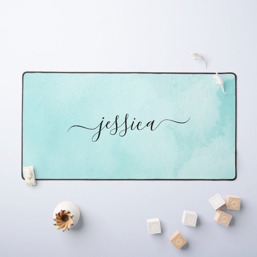 Chic Aqua Watercolor Calligrafy Script Schreibtischunterlage