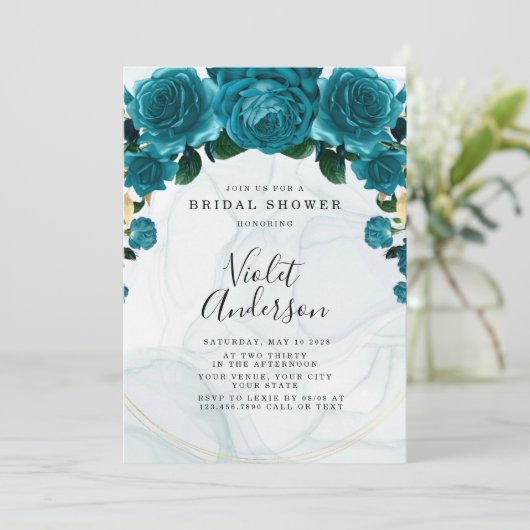 Chic Aquamarin and Gold Peony Brautparty Einladung (Stehend Vorderseite)