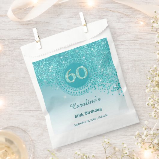 Chic Aquamarin Blue Glitzer, Dotted Frame 60. Gebu Geschenktütchen (Ausgeschnitten)