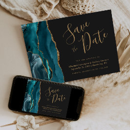 Chic Aquamarin Blue Gold Agate Dark Save the Date Einladung