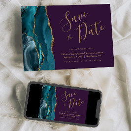 Chic Aquamarin Blue Gold Agate Save the Date Lila Einladung
