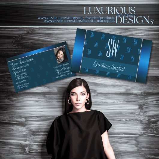 Chic Aquamarin Blue mit Foto- und Monogramm-Muster Visitenkarte