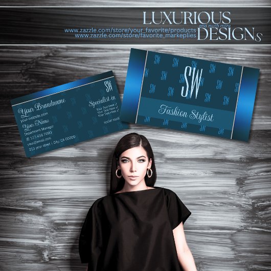 Chic Aquamarin Blue mit Initials-Muster Beruflich Visitenkarte