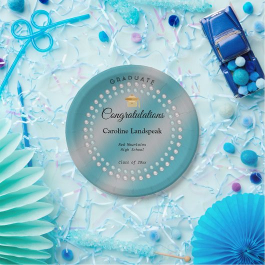 Chic Aquamarin Blue & Pearls Metal Brushed Abschlu Pappteller (Party)