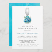 Chic Aquamarin Blue Peony Blume Brunch & Bubbly Einladung (Vorne/Hinten)