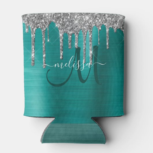 Chic Aquamarin Brushed Metal Silver Glitzer Tropfe Dosenkühler (Rückseite)