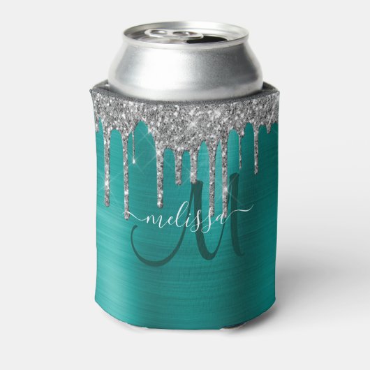 Chic Aquamarin Brushed Metal Silver Glitzer Tropfe Dosenkühler (Kanne Rückseite)