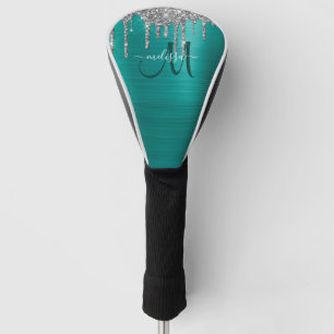 Chic Aquamarin Brushed Metal Silver Glitzer Tropfe Golf Headcover