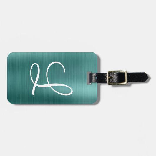 Chic Aquamarin Brushed Metal White Monogram Gepäckanhänger (Vorderseite horizontal)