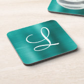 Chic Aquamarin Brushed Metal White Monogram Getränkeuntersetzer (Linke Seite)