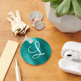 Chic Aquamarin Brushed Metal White Monogram Schlüsselanhänger