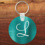 Chic Aquamarin Brushed Metal White Monogram Schlüsselanhänger (Vorderseite)