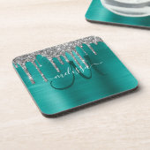 Chic Aquamarin Brushed Metallic Silver Glitzer Tro Getränkeuntersetzer (Linke Seite)