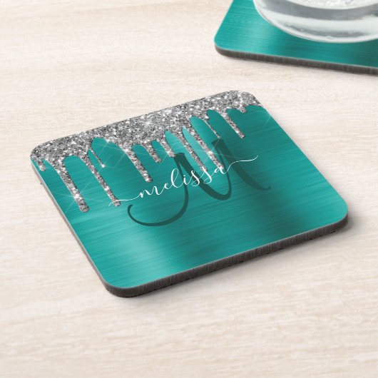 Chic Aquamarin Brushed Metallic Silver Glitzer Tro Getränkeuntersetzer (Linke Seite)