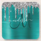 Chic Aquamarin Brushed Metallic Silver Glitzer Tro Getränkeuntersetzer (Vorderseite)