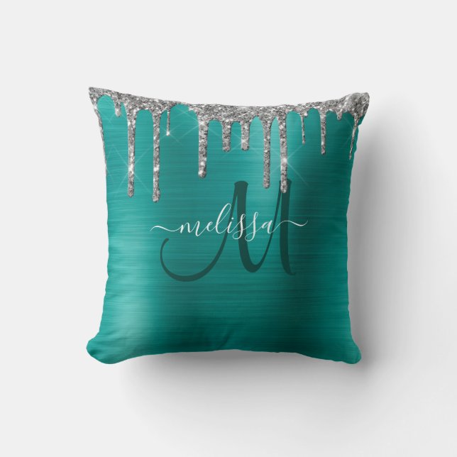 Chic Aquamarin Brushed Metallic Silver Glitzer Tro Kissen (Vorderseite)