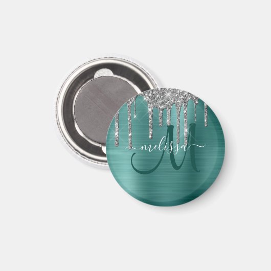 Chic Aquamarin Brushed Metallic Silver Glitzer Tro Magnet (Vorderseite/Rückseite)