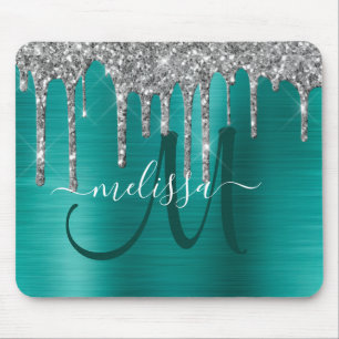 Chic Aquamarin Brushed Metallic Silver Glitzer Tro Mousepad