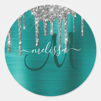 Chic Aquamarin Brushed Metallic Silver Glitzer Tro Runder Aufkleber