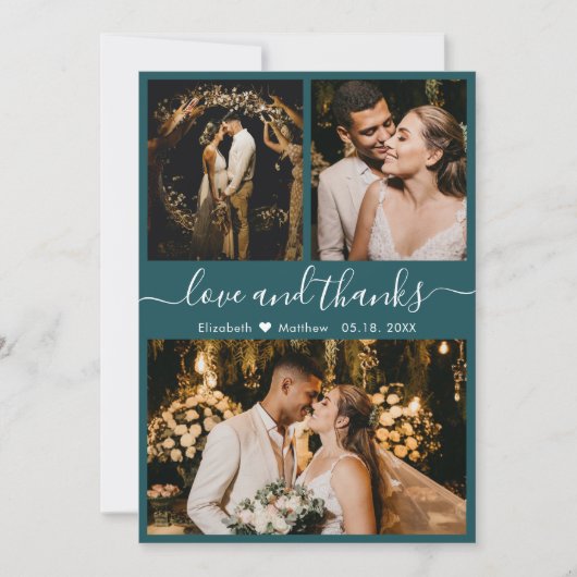Chic Aquamarin Elegante Script 3 Foto Collage Wedd Dankeskarte (Vorderseite)